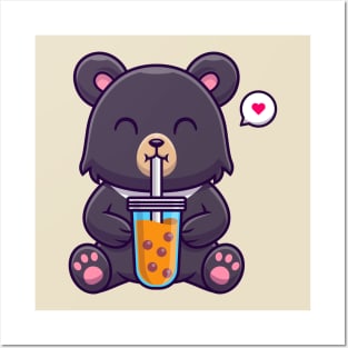 Cute American Black Bear Drink Boba Milk Tea Cartoon Posters and Art